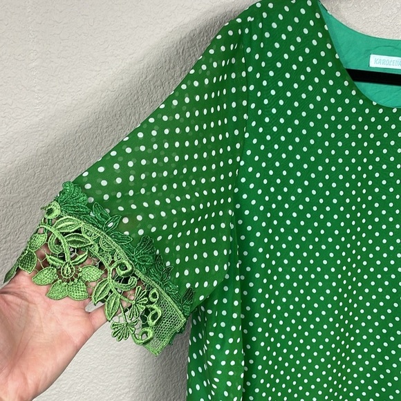 New Karoleva Green White Polka Dot Shift Dress Embroidered Lace Sleeve Plus Size - Picture 2 of 7